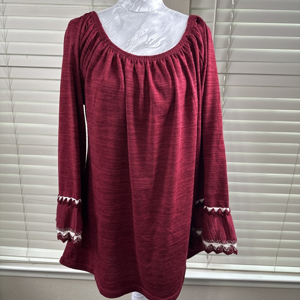 Lildy‎ Tunic Top Blouse Women's Size  L-XL Double Lace Sleeve Stretchy Boho Wine